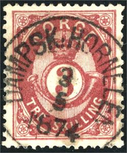 18. 3 skilling Posthorn pent stemplet "Dampsk. Hornelen 3.5.1874".