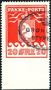 9. Greenland. 20 øre fra 3. trykk, med bred utagget marg nede, annullert med ovalt stempel. Prima. Attest L.Nielsen.