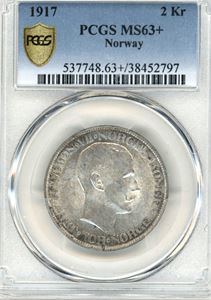 2 krone 1917. Gradert PCGS MS 63+.