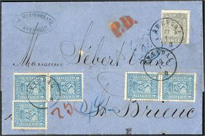 7,14. 23 skillings porto til Frankrike. 3 skill og fem 4 skill 4 (hvorav 2 vertikale par) på brevomslag til St. Brieux, stemplet "Arendal 10.1.1868". Ved siden fransk transittstempel. "Christiania Omk", "Kiel Hamburg", "Paris" og ankomststempel på baksiden.