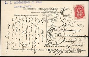 40. Russia. 4 Kop on postcard cancelled "Solombala 16.6.07" and sent to Bygland, Norway by "SS Lomonosov" to Vardø. Transitt cds "Vardø 10.7.07" and "Sætersdal SB. Posteksp. A 18.7.07" at side.