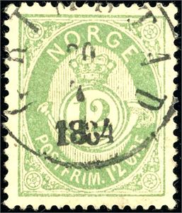 44. 12 øre mattgrønn, pent stemplet "Grimstad 20.7.1884".