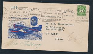 LUFTPOST Thor Solbergs flyvning 1935 USA-Norge via Leiv Erikssons rute. Pen konvolutt frankert med Nk 119. TMS-stempelet er fint plassert øverste del. Signert Thor Solberg