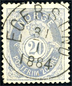 40 I. 20 øre blå 1883, fullstemplet "Egersund 31.1.1884".