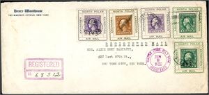 Five "North Polar Amundsen Expedition Air Mail"-labels, all with US stamps, cancelled "Seatle (Train, Sta,) Wash. Registered Jun 3 1922". "Henry Woodhouse, New York" printed on the envelope in upper, left corner.