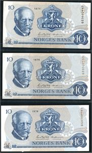 Ti 10 kroner 1976, alle med serie nummer som begynner med Q. Erstatningssedler. VK