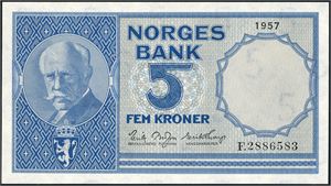 5 kroner 1957, serie F.2886583. 0