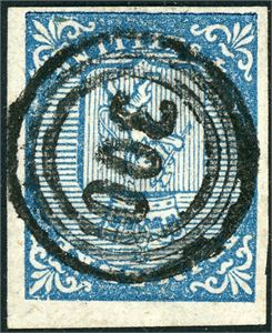 1. 4 skilling våpen 1855, anert med nummerstempel "300" (Svelvig, VF/BU, 5 pkt). To gode- og to smale marger.