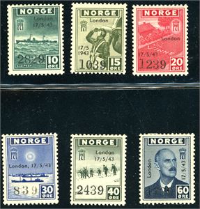 333/38. Londonmerkene med overtrykk i komplett serie. Noe tungt hengslet.