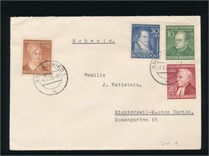 BRD Brev med Mi 146 og 156-58, 4 verdier Helfer der Manschheit til Sveits. Vertikal fold skjemmer lite. (Merkeverdi € 154)