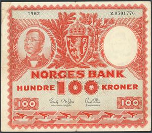 100 kroner 1962, serie Z.0501776. Erstatningsseddel. Hakk opp på midten og liten rift nede. 2