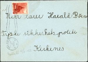 20 øre Turistmerke på konvolutt, maskinstemplet "Halden 1.8.1942" og sendt til the Tyske Sikkertspolitiet i Kirkenes. Påskrevet" Mottatt 14/8-42" med blyant.