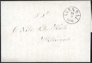 Komplett brev, stemplet "Arendal 15.9.1848" i svart og sendt til Helsingør. Påskrevet "-41" på baksiden. Meget tidlig avstempling.
