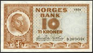10 kroner 1954, serie D.2070558. Jahn/Thorp. 0/01