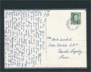 STEMPEL-HORDALAND Kort stemplet "SPEIDERLEIREN 1957 BERGEN 25-7-57". Ekte postgått kort til Oslo