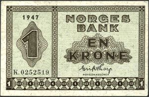 1 krone 1947, serie K.0252519. 01