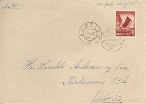 NK 324 Pent brev med 20ø Krigsforlis st. Brøttum 24-4-45, sendt til Oslo