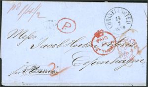 A complete letter from St. Croix to Copenhagen, with "Christiansted 14.1859" cds on front together with "P.", the rare "Paid at St. Thomas" and "Paid London Au 5 59". On reverse two different "St Thomas" and two from Hamburg.