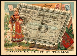 Norske mynter og sedler. 3 kort med mynter og 2 med sedler. I tillegg et reklamekort (ikke postkort) fra Paris i 1878 med bilde av en norsk Oscar-seddel.