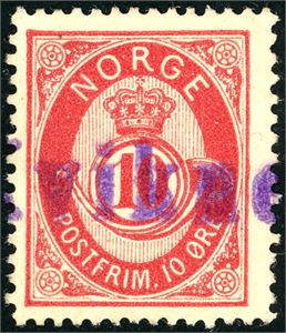 53 V. 10 øre 20 mm, anert med det private linjestempelet "Kvikne".