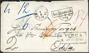 Ufrankert konvolutt, stemplet "Christiania 9.8.1861" og sendt til Odessa. Konvolutten har i tillegg firkantet stempel "Aus Dänemark" og ankomststempel på forsiden, og to ulike stempler fra "Hamburg" på baksiden.  Konvoluttens klaff mangler.