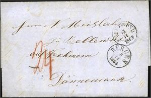 Komplett ubetalt brev, stemplet "Bergen 8.12.1863", og sendt til øyen Fehmarn, Slesvig Holstein, den gang Danmark. Transittstemplet "Svinesund 13.12.1862" på forsiden og "Kiel" på baksiden. Satt i porto med 24 Rbs.