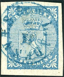 1. 4 skilling våpen 1855, anert med dampskipsstempel "Lindesnæs" i 1856 i blå farge. Gode marger.