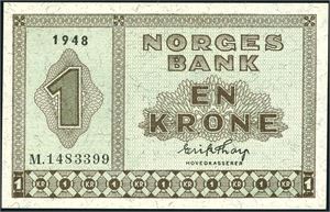 1 krone 1948, serie M.1483399. 0/01