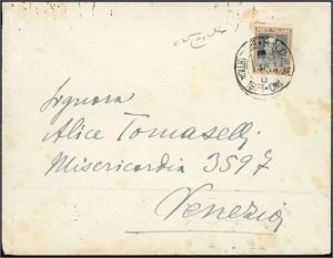 An Italian 50 cent stamps (Sass.N 218) on envelope, cancelled R.N.C. di Milano Sped. Artica 1928-8.5.28" and sent from ""Kings Bay 8 Maggio 1928" (handwritten at reverse) to Venezia. This ship was the supply vessel during Umberto Nobile’s Italia Airship expedition Photo cert. Raybaudi (1996).