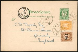 48,51. 10 øres porto til England. 5 øres Brevkort oppfrankert med 2 øre Provisorie og 3 øre 20 mm, stemplet "Aakernes 4.7.93", og sendt til Grimsby. Ved siden transittstemplet "Mandal" samt "Hull Ship Letter Jy 9 93".