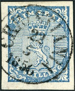 1. 4 skilling våpen 1855 variant "Sprukken plate" (D 16), stemplet "Christiania 22.5.1856". Gode marger.