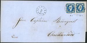 4. 4 skilling Oscar i horisontalt par på dobbeltvektig brevomslag, hvert merke fullstemplet "Lillesand 30.3.1859".