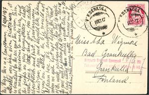 100. 10 øre Posthorn på postkort, annullert med hjelpestempel "Voksenkollen 10.9.17" og sendt til Finland, der kortet er sensurert.