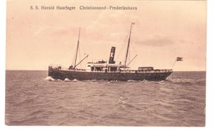 SKIP S.S. HARALD HAARFAGER CHRISTIANSAND-FREDERIKSHAVN (Herluf W Jensen). Meget pent ubrukt