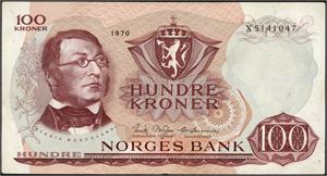 100 kr 1970, serie X 5141047. Erstatningsseddel. Nesten 1