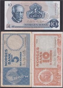 liten lot med 1x5 kr og Gul og blå 10 kr. Seddel