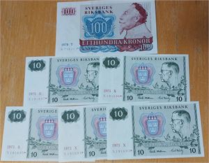 SVERIGE 100kr 1978 (svagt veck) samt serie 5 st 10 kr 1975, samtliga stjärnmärkta