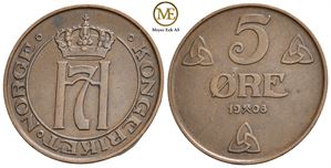 5 øre 1908 Haakon VII. Kv.01