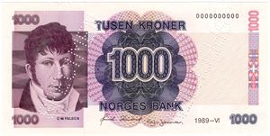 1000 kroner 1989 specimen. RRR. Kv.0/01