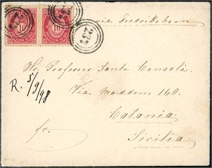 77. To 10 øre Posthorn på konvolutt til Sicilia, anert med 3-rings "237" (brukt som hjelpestempel på ruten Brevik-Kristiansand). Ankomststemplet på baksiden.