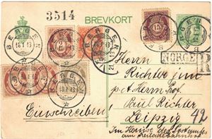 NK 78, 96, 97x3 og 98 på oppfrankert 5 øres brevkort sendt REK til Tyskland. Stemplet "Bergen" 18-01-1913. Uvanlig.