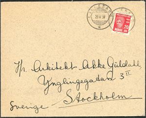 174. 20 øre Abel på konvolutt annullert med Hjelpestempel "Lillesand 29.5.30".