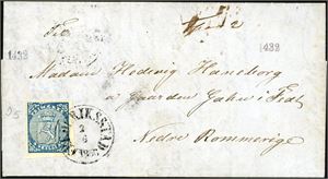 1. Ti 4 skilling Våpen 1855, hvorav to par og et merke på brev. Stort sett normale- til litt smale marger.