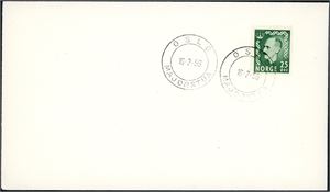 Et duplisert parti Norske FDC, nær alle fra perioden 1953-1972, de fleste med danske vignetter. Bl.a. 3 stk 25 øre grønn Haakon 1956, og 7 stk 85 øre Olav.