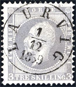 3. 3 skilling Oscar, pent fullstemplet "Laurvig 1.12.1859".