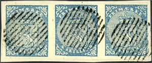 1. 4 skilling våpen 1855 i horisontal 3-stripe på lite brevstykke, hvert merke er annullert med riststempel. Pent utseende, men normale- til smale marger.