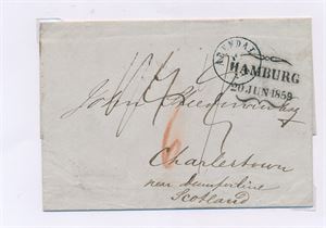 Brev fra Arendal 16 juni 1859 til Charlestown, Skottland, via Hamburg og London
