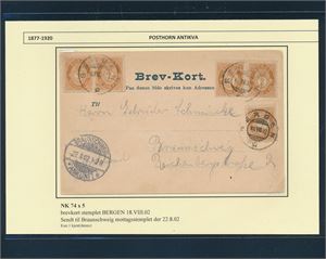 Nk 74 x5 på brev-kort stemplet "BERGEN 18 VIII 02" til Braunschweig, Tyskland. Oppgitt: 1 kjent.