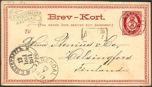 3 skilling Brev-kort, stemplet "Arendal 20.7.1877" og sendt til finland. Ankomststemplet.