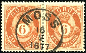 20. 6 skilling Posthorn i hosisontalt par, pent stemplet "Moss 16.2.1877". En halv tagg nede.
